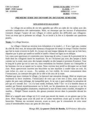 Première page de Français 6e, 5e, 4e, 4e ML, 3e, 3e ML, 2nde A, 2nde A & B, 2nde A1, 2nde A2, 2nde C, 2nde D — 1er devoir surveillé, 2e semestre (2019-2020) · CEG Le Littoral