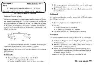 Première page de Mathématiques 5e — 1er devoir surveillé, 1er semestre (2019-2020) · CEG1 Kalalé