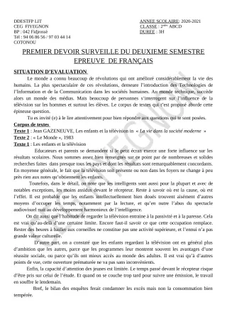 Première page de Français 2nde A2, 2nde B, 2nde C, 2nde D — 1er devoir surveillé, 2e semestre (2020-2021) · CEG FIYEGNON