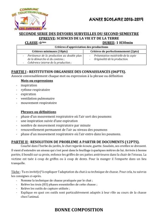 Première page de SVT 6e, 5e, 4e, 4e ML, 3e, 3e ML — 2e devoir surveillé, 2e semestre (2018-2019) · CEG TAMPÈGRÉ
