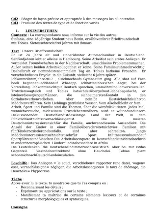 Première page de Devoir surveillé de ALLEMAND — 1ère A2, 1ère B — CPEG LICA (2020)