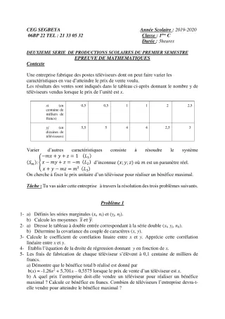 Première page de Mathématiques 1ère C — 2e production scolaire, 1er semestre (2019-2020) · CEG SEGBEYA