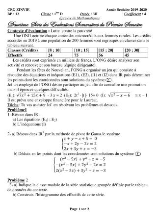 Première page de Mathématiques 1ère D — 2e évaluation sommative, 1er semestre (2019-2020) · CEG Zinvié
