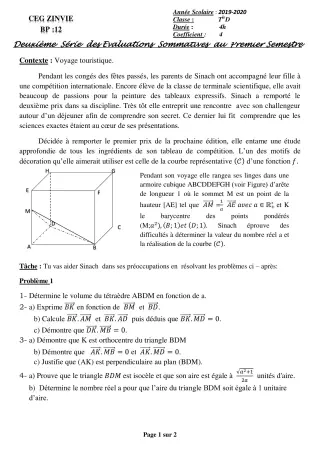 Première page de Mathématiques Tle D — 2e évaluation sommative, 1er semestre (2019-2020) · CEG Zinvié