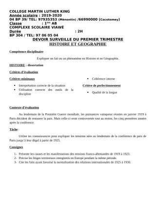 Première page de Histoire-Géographie 1ère A, 1ère B — Devoir surveillé, 1er trimestre (2019-2020) · CPEG Martin Luther King Cotonou