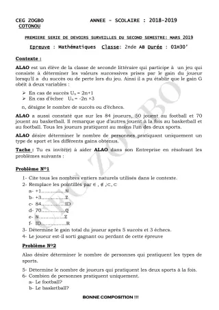 Première page de Mathématiques 2nde A, 2nde B — 1er devoir surveillé, 2e semestre (2018-2019) · CEG ZOGBO