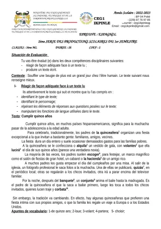 Première page de Espagnol 3e, 3e ML — 2e production scolaire, 1er semestre (2022-2023) · CEG1 Ikpinlè