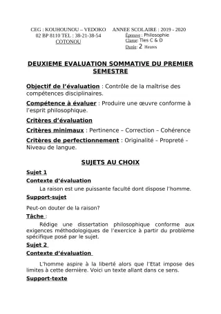 Première page de Philosophie Tle C, Tle D — 2e évaluation sommative, 1er semestre (2019-2020) · CEG Kouhounou-Vêdoko