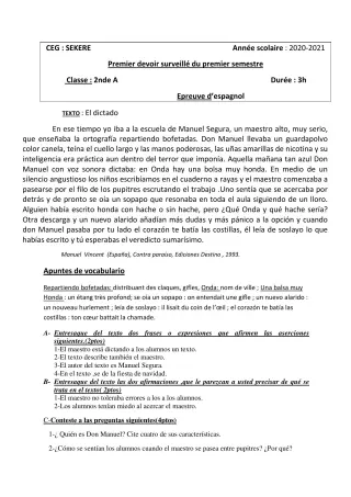 Première page de Espagnol 2nde A2 — 1er devoir surveillé, 1er semestre (2020-2021) · CEG SEKERE