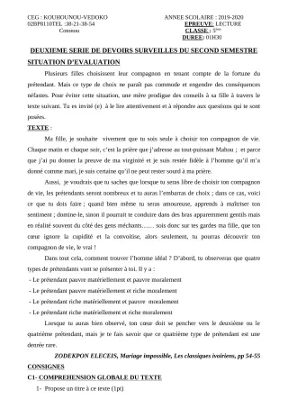 Première page de Français 5e — 2e devoir surveillé, 2e semestre (2019-2020) · CEG Kouhounou-Vêdoko