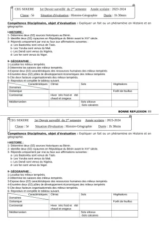 Première page de Histoire-Géographie 5e — 1er devoir surveillé, 2e semestre (2023-2024) · CEG SEKERE