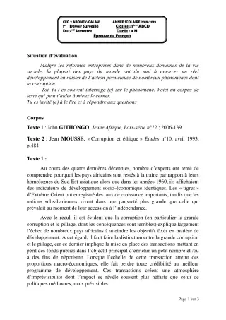 Première page de Français 1ère A1, 1ère A2, 1ère B, 1ère C, 1ère D — 1er devoir surveillé, 2e semestre (2018-2019) · CEG2 ABOMEY - CALAVI (CEG ZOCA)