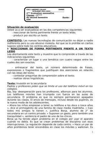Première page de Espagnol 2nde A & B — 2e évaluation sommative, 2e semestre (2021-2022) · CEG2 ABOMEY - CALAVI (CEG ZOCA)