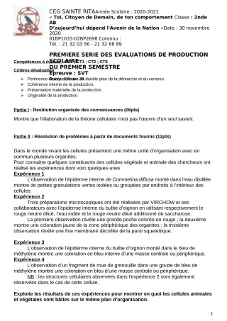 Première page de SVT 2nde A2, 2nde B — Production scolaire, 1er semestre (2020-2021) · CEG Sainte Rita