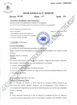 Première page de Histoire-Géographie 4e — 1er devoir surveillé (2020-2021) · CPEG ROSAIRE