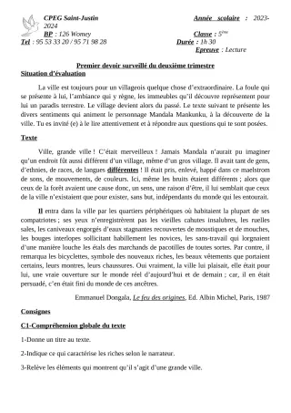 Première page de Français 4e — 1er devoir surveillé, 2e trimestre (2023-2024) · CPEG SAINT Justin