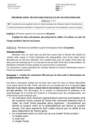 Première page de SVT Tle C — 1er devoir surveillé, 2e semestre (2020-2021) · CEG du Lac