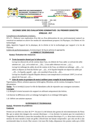 Première page de PCT 5e — 2e évaluation sommative, 1er semestre (2021-2022) · CEG1 Abomey-Calavi