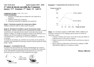 Première page de SVT 4e, 4e ML — 1er devoir surveillé (2019-2020) · CEG1 Kalalé