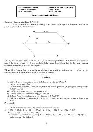 Première page de Mathématiques 5e — 1er devoir surveillé, 2e semestre (2021-2022) · CEG2 ABOMEY - CALAVI (CEG ZOCA)
