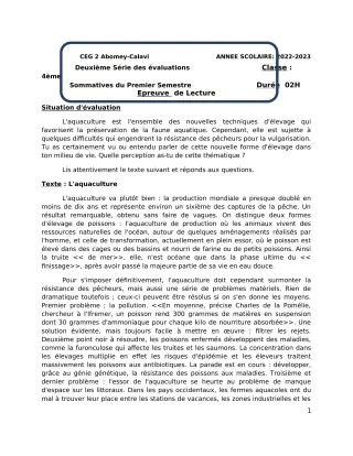 Première page de Français 4e — 2e évaluation sommative, 1er semestre (2022-2023) · CEG2 ABOMEY - CALAVI (CEG ZOCA)