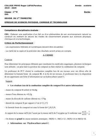 Première page de PCT 1ère D — Devoir surveillé, 1er trimestre (2019-2020) · CPEG Roger LAFIA