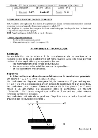 Première page de Mathématiques Tle C — 1er devoir surveillé, 2e semestre (2020-2021) · CEG 1 Agatogbo