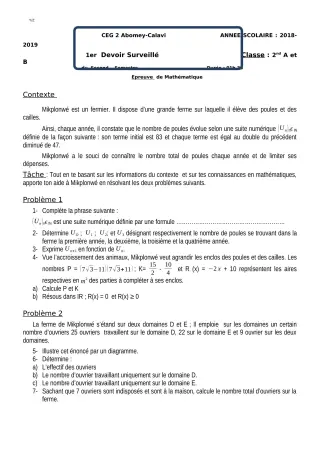 Première page de Mathématiques 2nde A, 2nde B — 1er devoir surveillé, 2e semestre (2018-2019) · CEG2 ABOMEY - CALAVI (CEG ZOCA)