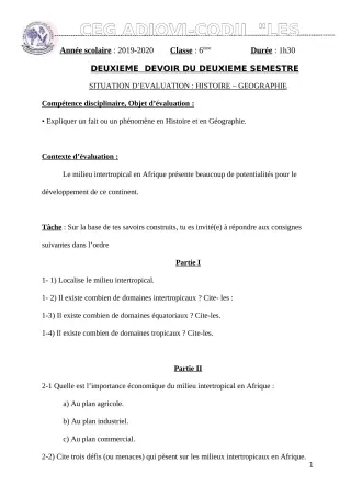 Première page de Histoire-Géographie 6e — 2e devoir surveillé, 2e semestre (2019-2020) · CEG ADJOVICODJI 'LES OLIVIERS'