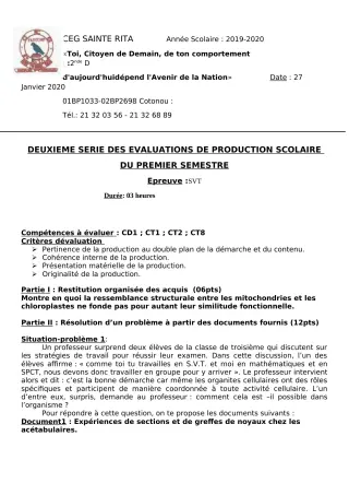 Première page de SVT 2nde D — Production scolaire, 1er semestre (2019-2020) · CEG Sainte Rita