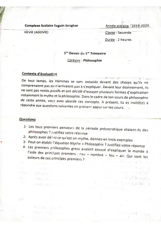 Première page de Philosophie 2nde A2, 2nde B, 2nde D — 1er devoir surveillé, 1er trimestre (2019-2020) · CPEG SEGUIN SENGHOR