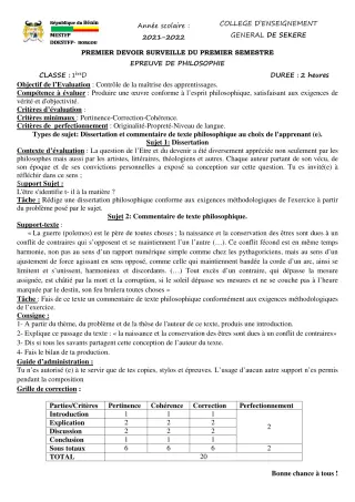 Première page de Philosophie 1ère D — 1er devoir surveillé, 1er semestre (2021-2022) · CEG SEKERE