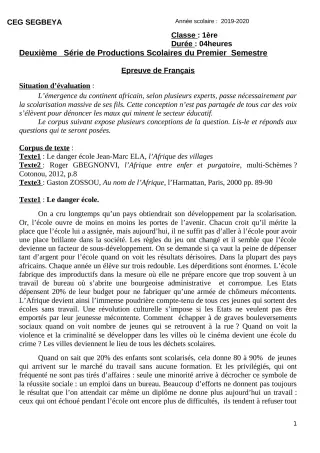 Première page de Français 1ère A, 1ère A1, 1ère A2, 1ère B, 1ère C, 1ère D — 2e production scolaire, 1er semestre (2019-2020) · CEG SEGBEYA