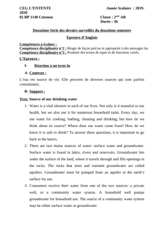 Première page de Anglais 2nde A2, 2nde B — 2e devoir surveillé, 2e semestre (2019-2020) · CEG L'Entente