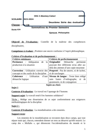 Première page de Philosophie Tle D — 2e évaluation sommative, 1er semestre (2023-2024) · CEG2 ABOMEY - CALAVI (CEG ZOCA)