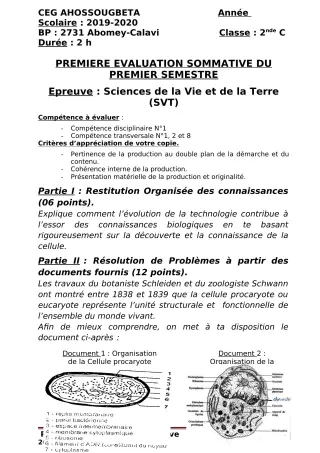 Première page de SVT 2nde C — 1re évaluation sommative, 1er semestre (2019-2020) · CEG Ahossougbéta