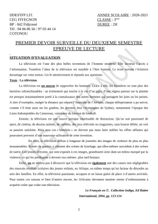 Première page de Français 3e, 3e ML — 1er devoir surveillé, 2e semestre (2020-2021) · CEG FIYEGNON