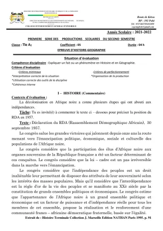 Première page de Histoire-Géographie Tle A2 — 2e production scolaire, 2e semestre (2021-2022) · CEG ONIGBOLO