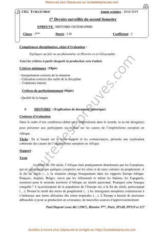 Première page de Histoire-Géographie 3ème – 2ème semestre 2018-2019 – Sujet et corrigé du devoir (impérialisme européen et CEDEAO) – CEG Tchatchou