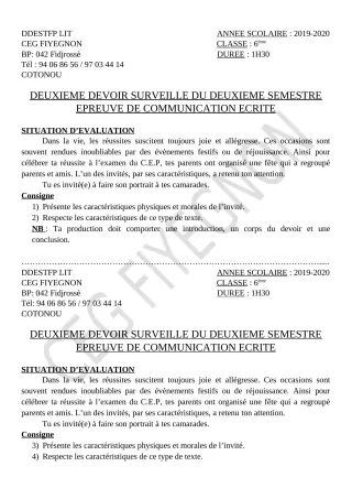 Première page de Français 6e — 2e devoir surveillé, 2e semestre (2019-2020) · CEG FIYEGNON