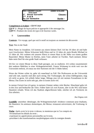 Première page de Allemand 1ère A1, 1ère A2, 1ère B — 1er devoir surveillé, 1er semestre (2018-2019) · CEG2 ABOMEY - CALAVI (CEG ZOCA)