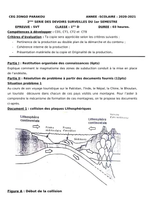Première page de SVT 1ère D — 2e devoir surveillé, 1er semestre (2020-2021) · CEG ZONGO