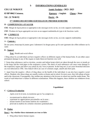 Première page de Anglais 3e — Devoir surveillé, 1er semestre (2022-2023) · CEG LE NOKOUE
