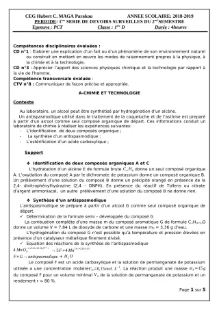 Première page de PCT 1ère D — 1er devoir surveillé, 2e semestre (2018-2019) · CEG Hubert C. MAGA