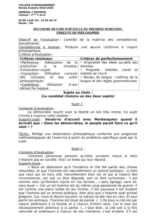 Première page de Philosophie 1ère C, 1ère D — 2e devoir surveillé, 1er semestre (2019-2020) · CEG L'Entente