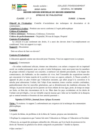 Première page de Philosophie 1ère D — 2e devoir surveillé, 2e semestre (2020-2021) · CEG SEKERE