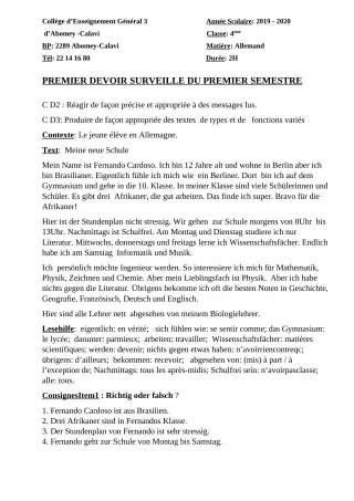 Première page de Allemand 4e ML, 3e ML — 1er devoir surveillé, 1er semestre (2019-2020) · CEG3 ABOMEY CALAVI