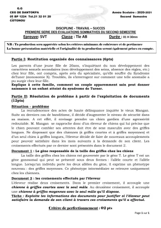 Première page de SVT Tle A2, Tle B — 1re évaluation sommative, 2e semestre (2020-2021) · CEG Dantokpa