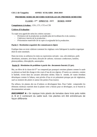 Première page de SVT 5e — 1er devoir surveillé, 1er semestre (2018-2019) · CEG2 TANGUIETA