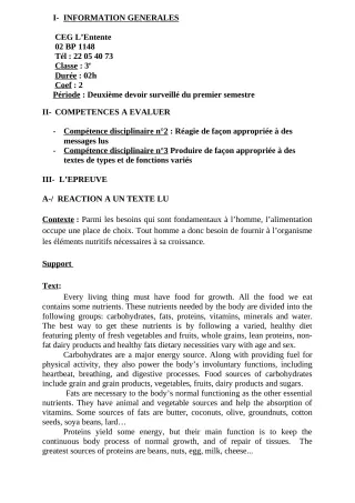 Première page de Anglais 3e, 3e ML — 2e devoir surveillé, 1er semestre (2018-2019) · CEG L'Entente